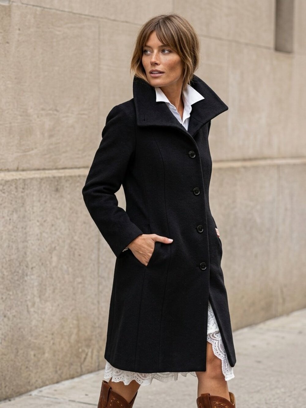 Vintage Wool Coat 90s Black Wide Collar Peacoat Winter Dress Jacket Size Medium